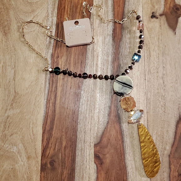 Bold Statement Pendant Necklace Celluloid & Stone Mix Media Gold Link Chain - Picture 5 of 9